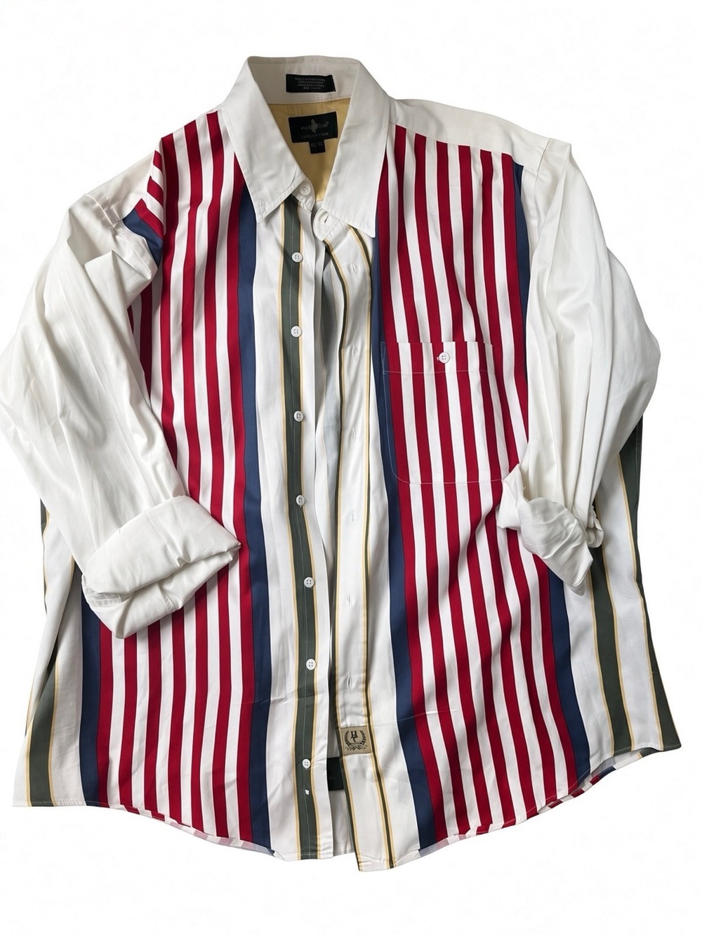 Hunt Club Collection Men’s Striped Button-Up Shirt White with Red & Navy Stripes